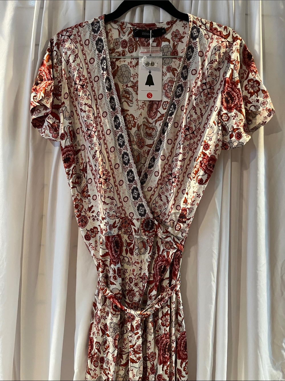 ZESICA 100% rayon floral wrap around maxi dress ivory pink rust short sleeve
